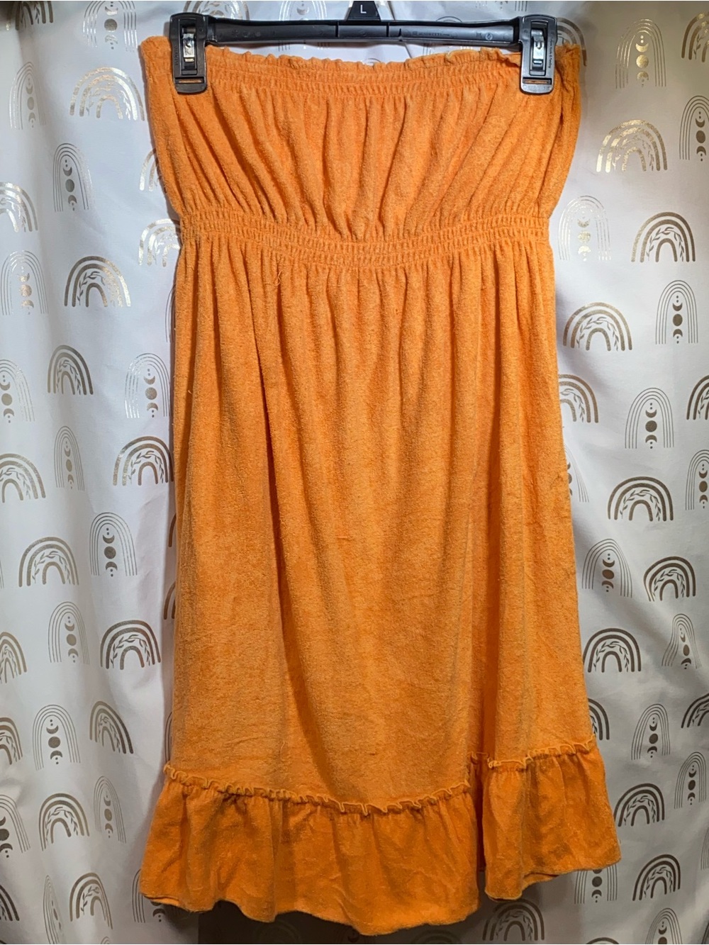 Smocked Strapless Midi Dress in Bright Orange with Ruffle Hem